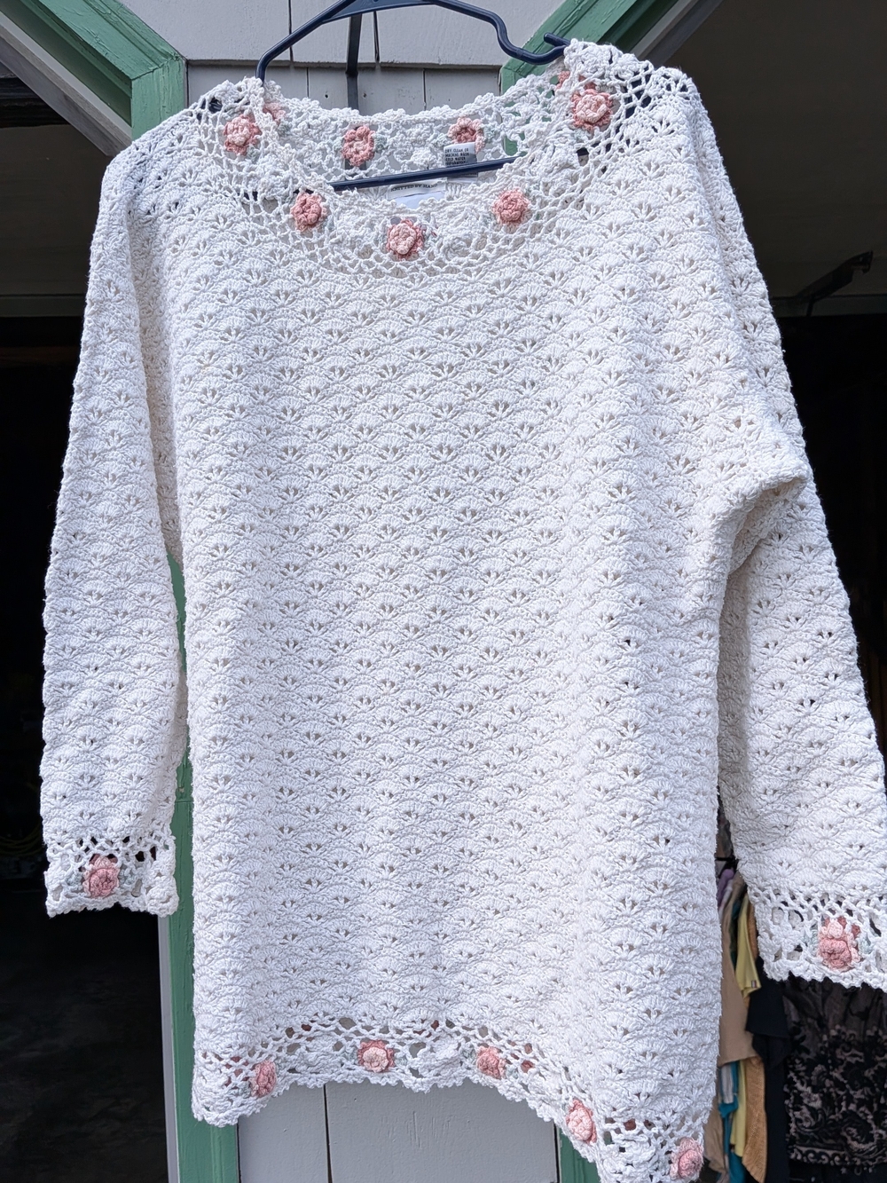 Republic Knitted By Hand White Crochet Floral Sweater Size M Cottagecore